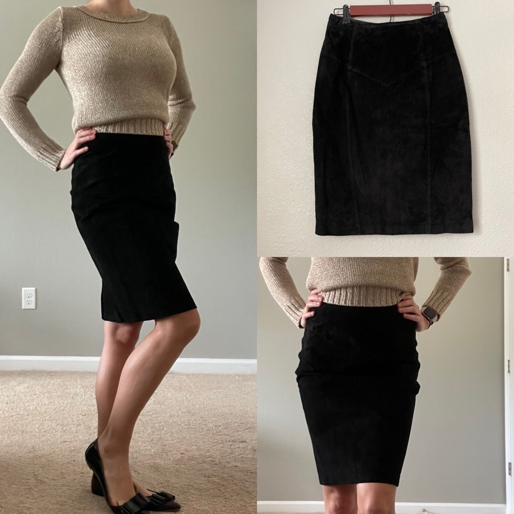 Vintage Classic Black Genuine Leather Suede Pencil Skirt